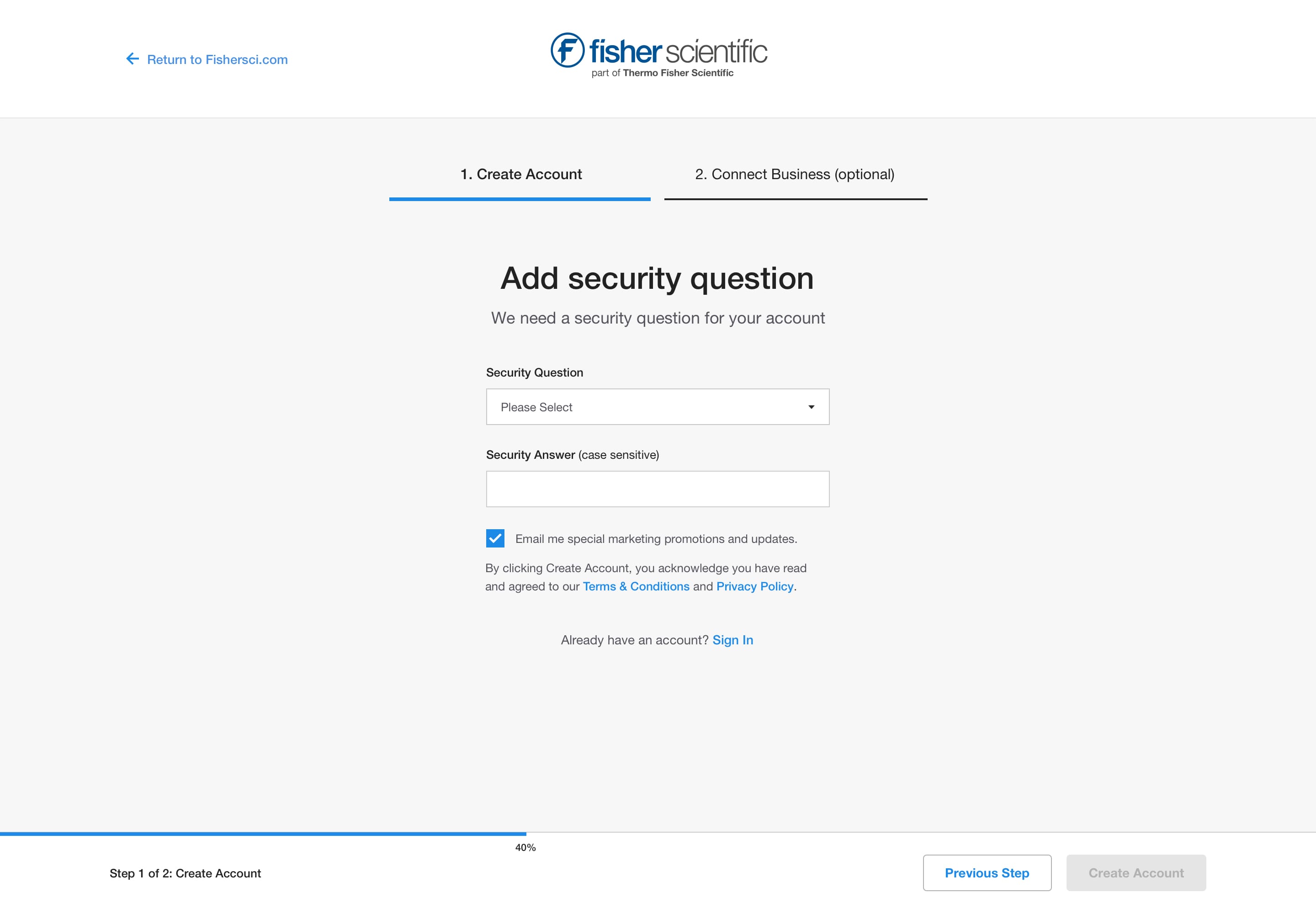 Create Account - Personal Security Question