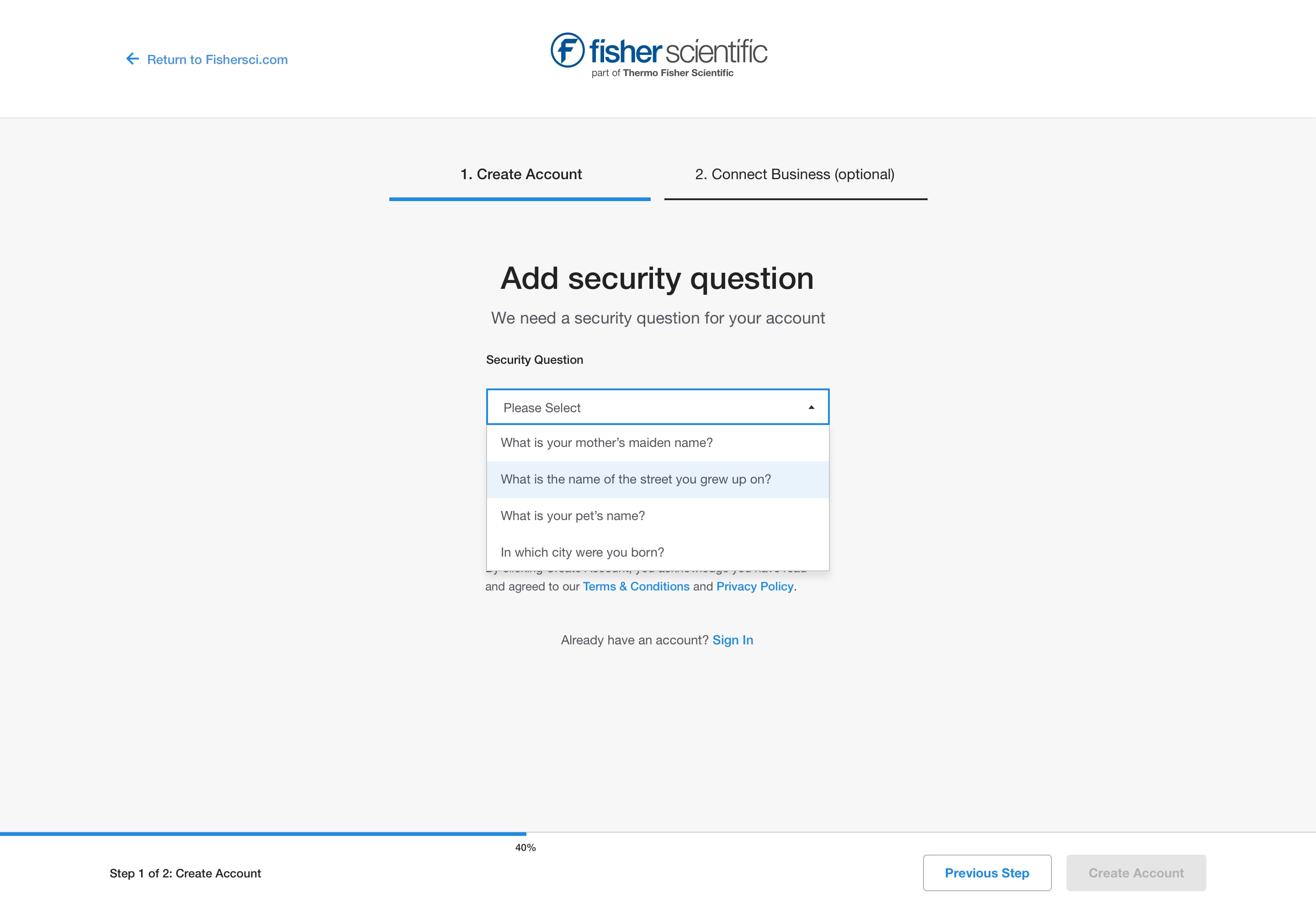 Create Account - Personal Security Question